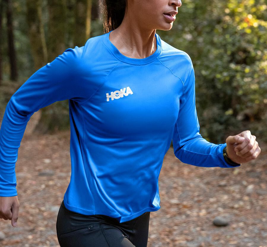 Hoka One One Womens Tops - Performance Long Sleeve - Blue - NHIA23609